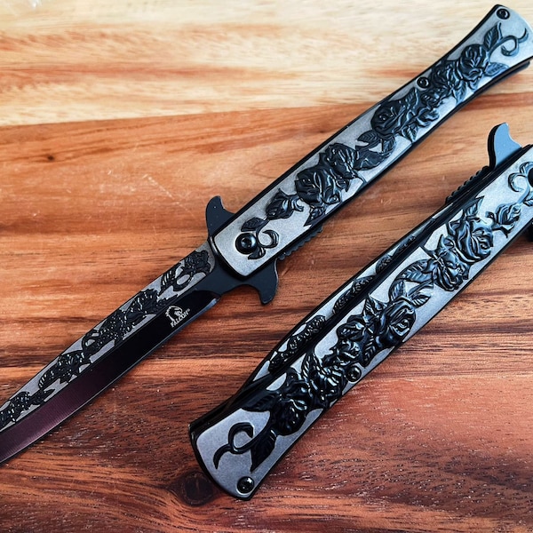 9" Vintage Luxury Black Rose Design  Spring Assisted Open EDC Blade Folding Survival Pocket Knife