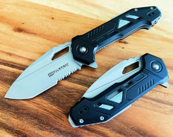 Navaja de bolsillo táctica plegable con resorte y mango de acero inoxidable negro de lujo de 8" para caza al aire libre