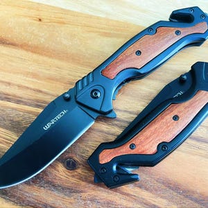 8.5&quot;Black Tactical Spring Assisted Folding Pocket Knife. Stainless Steel Wood Handle.
