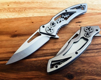 7.75″ Steampunk Style Skeleton Folding Knife Moving Gears EDC Blade Folding Survival Pocket Knife