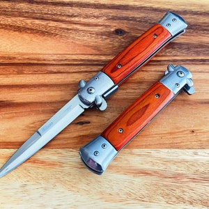 9” Silver & Wood Red Italian Milano Stiletto Spring Assisted Open Blade Folding Pocket Knife
