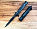 9” Black & Black Wood Italian Milano Stiletto Spring Assisted Folding Pocket Knife. Survival