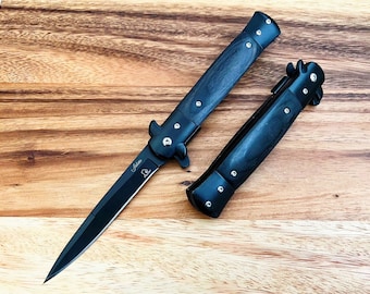 9” Black & Black Wood Italian Milano Stiletto Spring Assisted Folding Pocket Knife. Survival