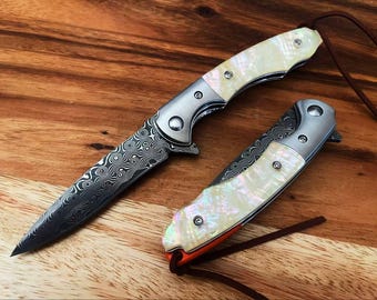 Damascus Steel Ball Bearing Folding Knife, Mother of Pearl Handle (3.25" Blade)