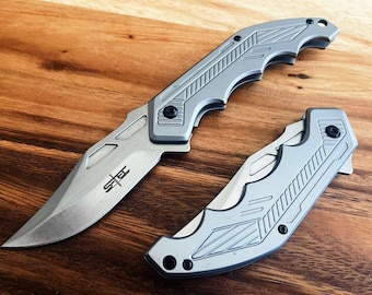 8“Luxury Gray Stainless Steel Handle Tactical Folding Spring Assisted Hunting Outdoor Pocket Knife