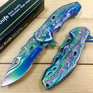 8 Rainbow Color Tactical Wolf Handle Spring Assisted Open Folding Pocket  Knife
