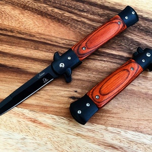 9” Black & Wood Red Italian Milano Stiletto Spring Assisted Folding Pocket Knife. Survival