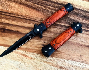 9” Black & Wood Red Italian Milano Stiletto Spring Assisted Folding Pocket Knife. Survival