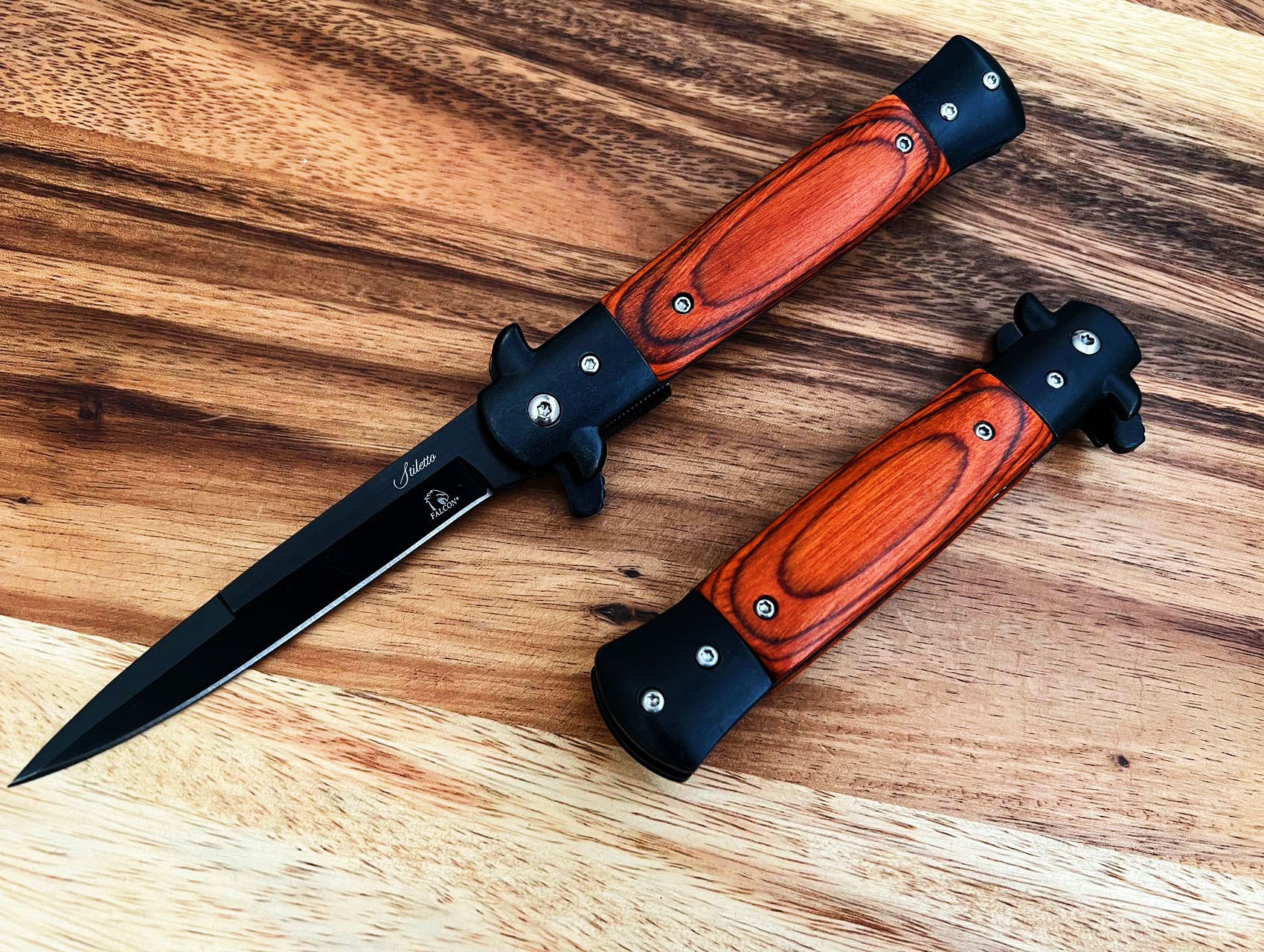 9 Black & Wood Red Italian Milano Stiletto Spring Assisted Folding Pocket  Knife. Survival 