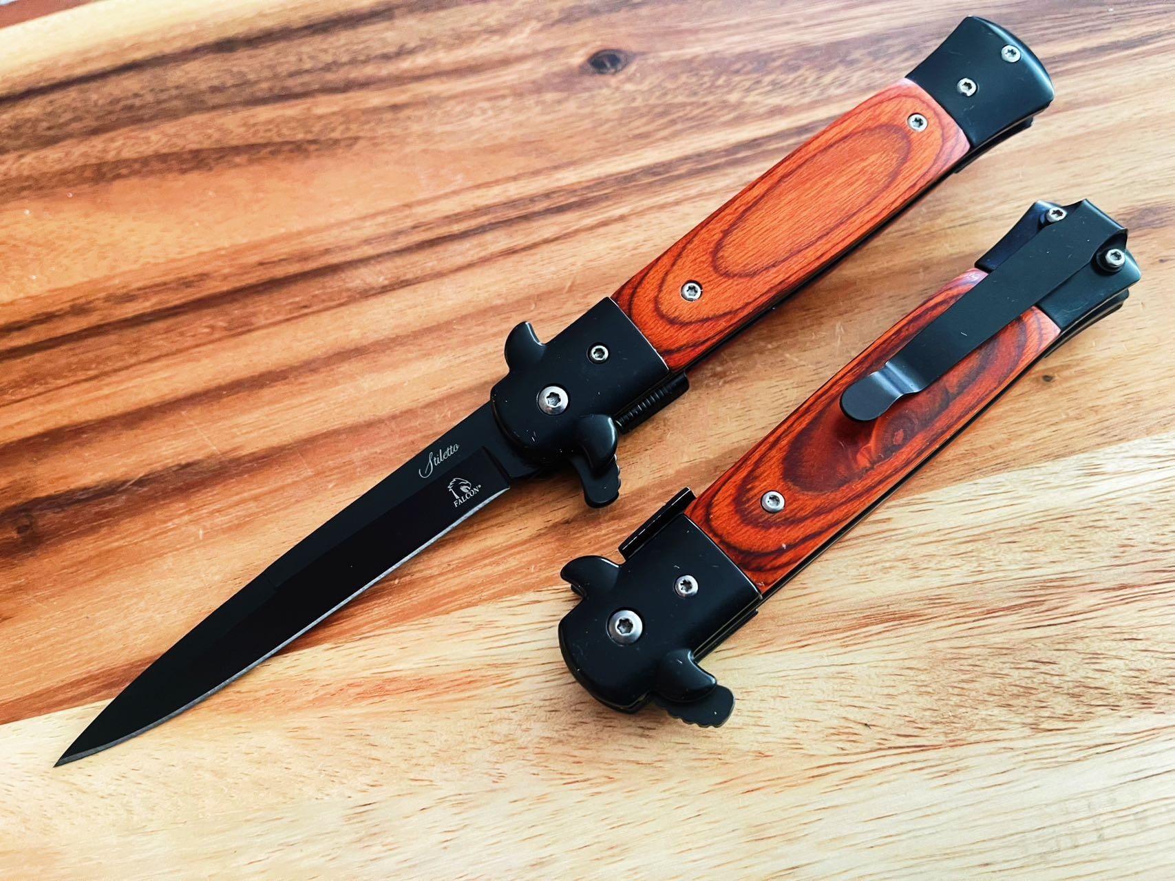 9” Black & Wood Red Italian Milano Stiletto Spring Assisted