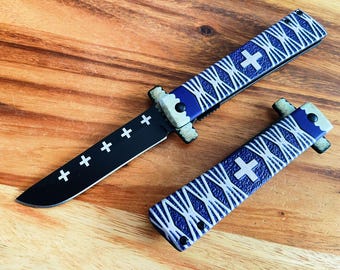 Blue Anime Sword Design Spring Assisted Folding Pocket Knife