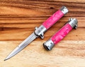 9” Silver & Pink Italian Milano Stiletto Spring Assisted Open Blade Folding Pocket Knife