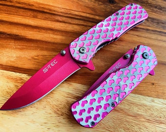 Coltello tascabile pieghevole con lama apribile assistita a molla, motivo a cuore rosa di San Valentino, da 7 pollici