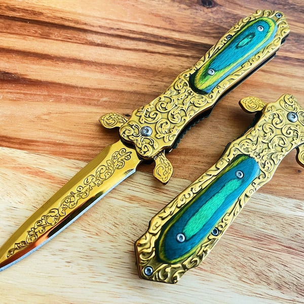 9" Vintage Luxury Gold Stainless Stee & Green Wood Design  Spring Assisted Open EDC Blade Folding Survival Pocket Knife