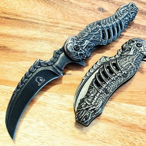 8.5&quot; Lexury Tactical Spring Assisted Black Stone Wash Skull Design Hunting Outdoor Pocket Knife black Stone Wash