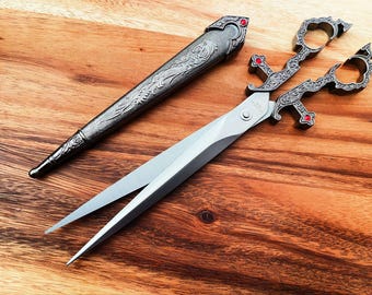 Vintage Stainless Steel Renaissance Scissors with Ornate Sheath