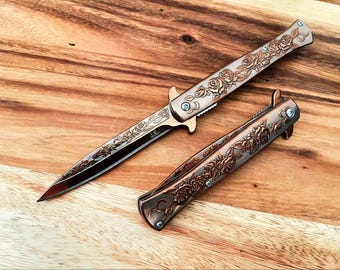 Vintage Rose Gold Rose Design Pocket Knife, Spring Assisted, 9"