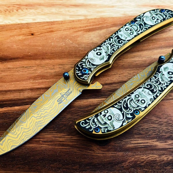 8.25" Cute Luxury Stainless Steel Assisted Folding Knife Gold Skull Design  Spring Assisted Open EDC Blade Folding Pocket Knife