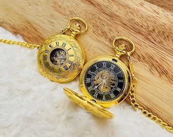 Vintage Antique Gold Steampunk Style Skeleton Handwind Mechanical Pocket Watch Luxury