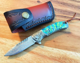 Damascus Folding Knife: VG10 Blade, Abalone Shell Handle, Leather Pouch