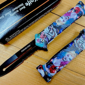 8” Harley Quinn&Joker Spring Open Assisted Folding Soiletto Pocket Knife Blade