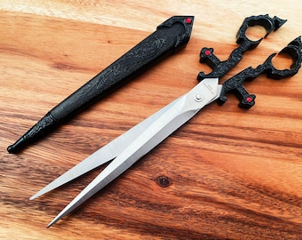 Vintage Medieval Scissors with Ornate Sheath: 10.5" Stainless Steel