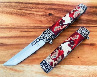 Mini Japanese Katana Folding Pocket Knife: Tanto Stainless Steel Blade, Crane Handle