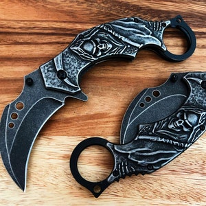 7” Luxury Karambit Claw Spring Assisted Open Pocket Knife 3D Stonewash Reaper Skull Hunting Black