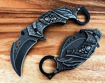 7” Luxury Karambit Claw Spring Assisted Open Pocket Knife 3D Stonewash Reaper Skull Hunting Black