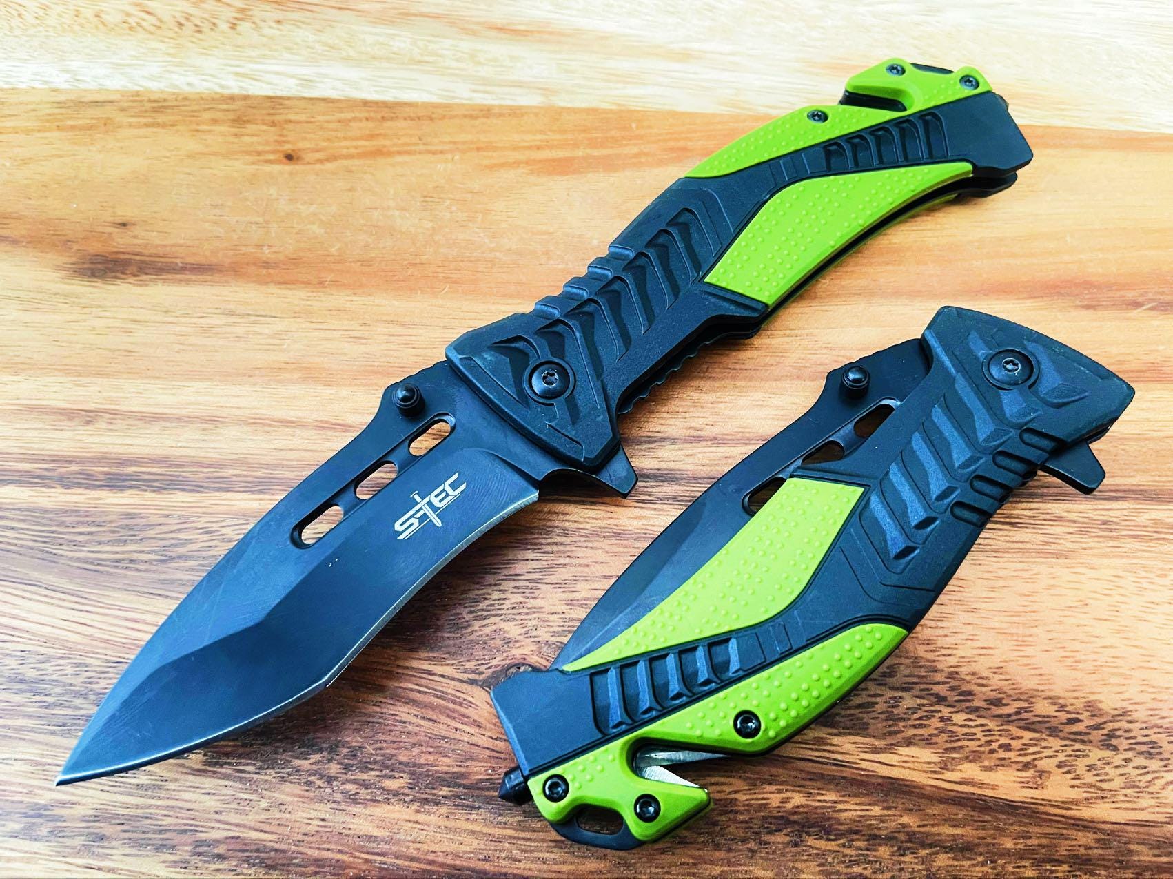 8.5"Tactical Black Spring Assisted Folding Pocket Knife. Stainless Steel. Military Green Anti-Slip Rubber Handle.