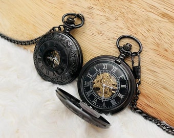 Vintage Antique Black Steampunk Style Skeleton Handwind Mechanical Pocket Watch Luxury
