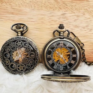 Vintage Luxury Bronze Gearwheel Roman Numerals Hand-winding Mechanical Women Pocket Watch Chain