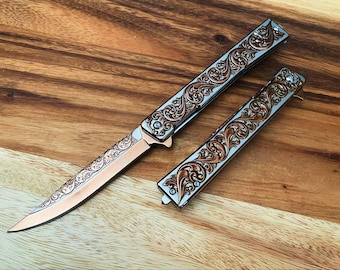 Vintage Engraved Leaves Rose Gold Design Pocket Knife, Spring Assisted, 9"