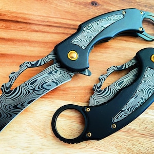 Damascus Pattern Karambit Knife, Spring Assisted Folding Claw