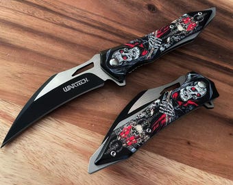 8.5“EDC Sharp Folding Spring Assisted Opening Knife Stainless steel 3D Print Handle with Pocket Clip  Hell Demon Skull Design