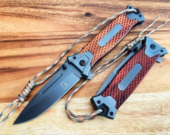 8"Tactical Wood Spring Assisted Folding Pocket Knife Stainless Steel Wood Handle