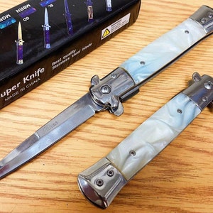 9” White Italian Milano Stiletto Spring Assisted Folding Pocket Knife. Survival