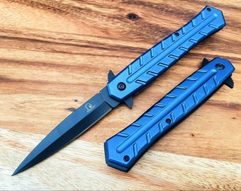 9” Blue & Black Stiletto Spring Assisted Open Folding Pocket Knife