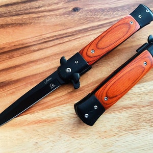 9” Black & Wood Red Italian Milano Stiletto Spring Assisted Folding Pocket Knife. Survival