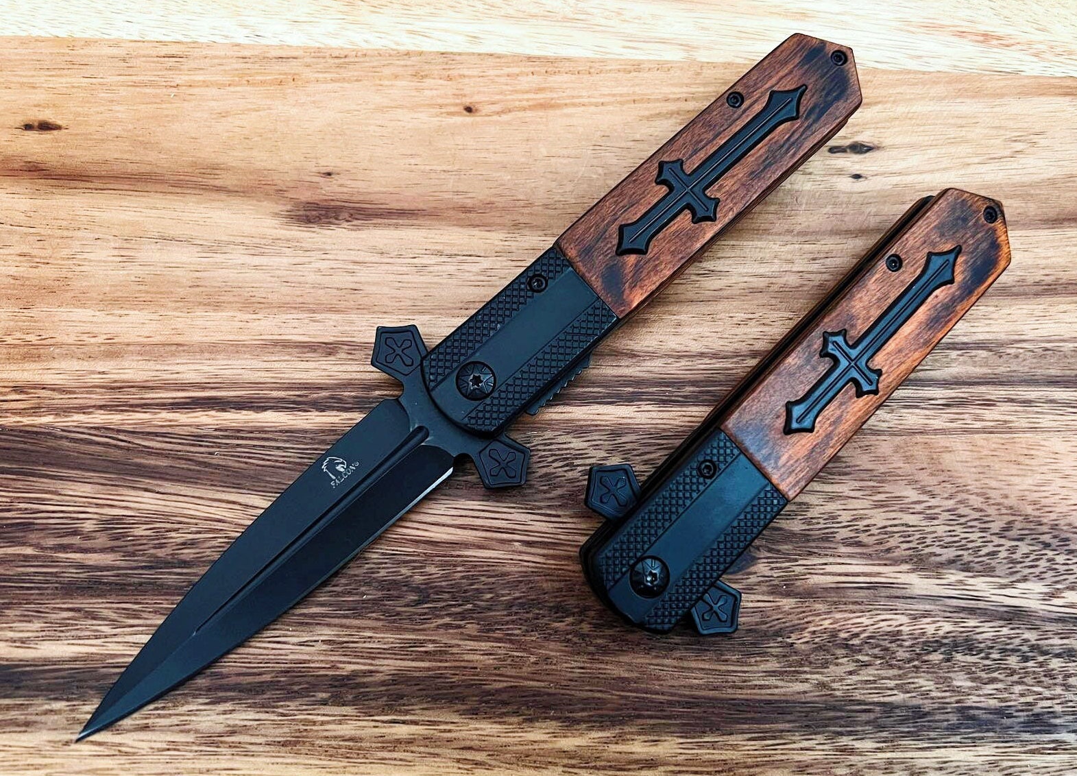 Celtic Cross Stiletto Knife: Black & Wood Tactical Folding Knife