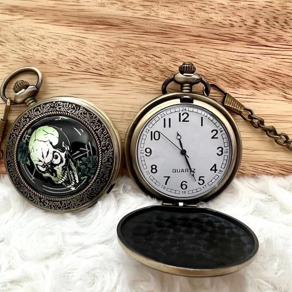 Crâne de Noël vintage Bronze Hommes Femmes Quartz Pocket Watch Collier Chaîne Cadeau