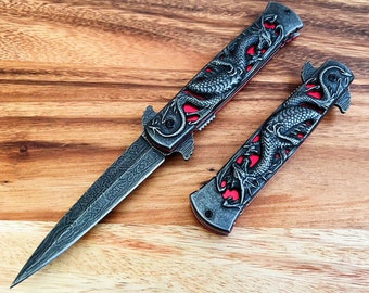 9" Vintage Stonewash Dragon Design Folding Pocket Knife