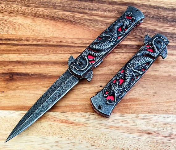 9" Vintage Stonewash Dragon Design Folding Pocket Knife