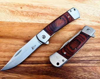 8.75"Vintage Wood Red  Spring Assisted Folding Pocket Knife. Stainless Steel. Wood Handle.