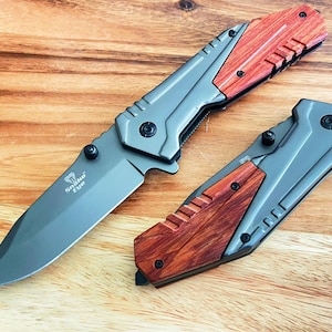 8.5&quot;Tactical Spring Assisted Folding Pocket Knife Stainless Steel Wood Handle