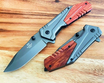 8.5"Tactical Spring Assisted Folding Pocket Knife Stainless Steel Wood Handle