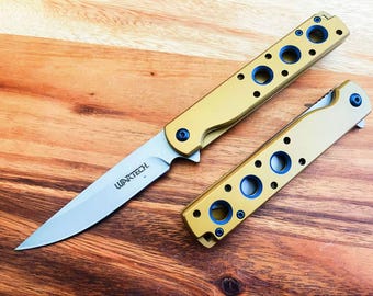 8.5" Skeletonized Slim Design Gentleman's Gold Folding Spring Assisted Hunting Outdoor Pocket Knife