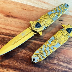 9"  Luxury Gold Warrior Knight Carving Knife Steel Blade Stiletto Spring Open Assisted Folding Knives Medieval Best Folding Knife