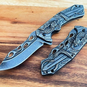 8&quot; Luxury Spring Open Assisted Pocket Knife Black Stone Wash 3D Dragon Design Aluminium Handle
