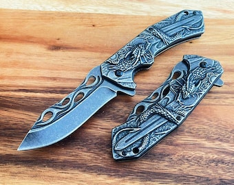 Dragon Design Spring Assisted Pocket Knife - Black Stone Wash